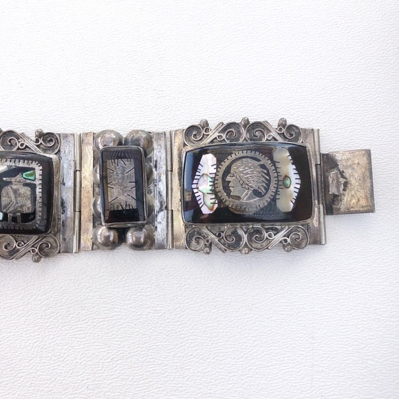 Vintage Mexico Sterling Inlay Panel Bracelet - Picture 5 of 11